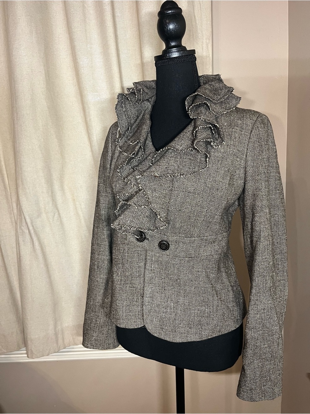 Italian Womens brown Ruffled Collar Tweed Jacket